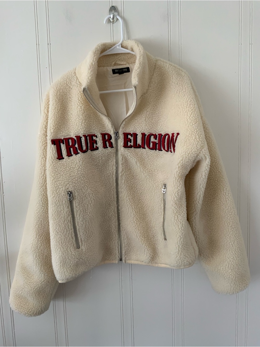 True Religion Cream Sherpa Zip-Up Jacket with Red Logo Embroidery
